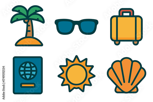 Set of tropical vacation and travel icons including palm tree, sunglasses, and luggage
