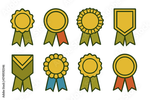 Eight assorted award ribbons and rosettes with blank centers