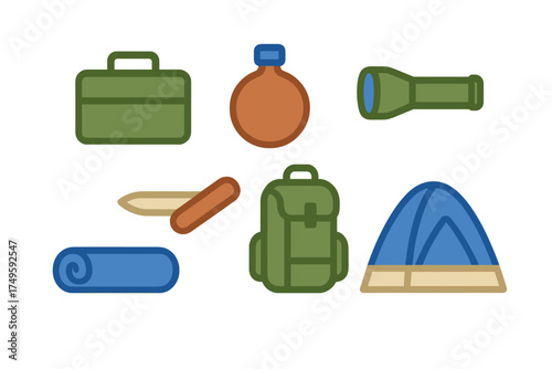 Essential outdoor camping and hiking equipment icons for adventure and survival
