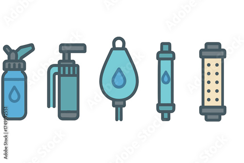 Portable water purification and filtration device icons set