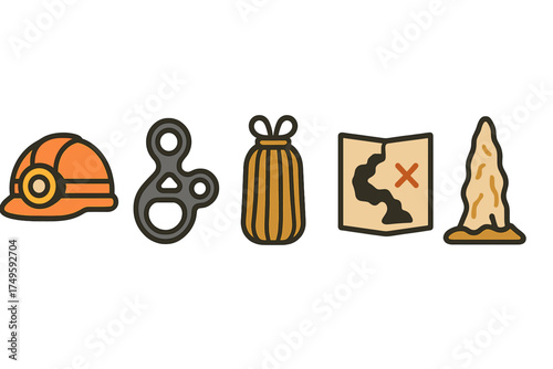 Set of icons for cave exploration and treasure hunting equipment