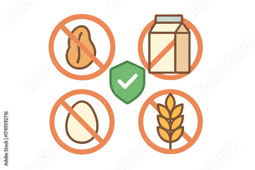 Prohibition icons for common food allergens inside safety shield