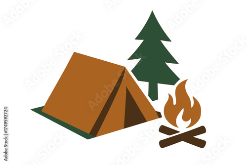 Campsite scene with tent, campfire, and pine tree icon