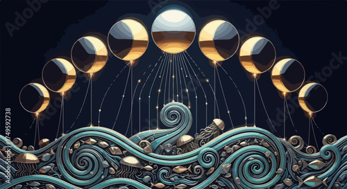 Celestial moon phases vector art with ocean waves and cosmic elements, representing astronomical cycles and natural rhythms, for science and fantasy themes.