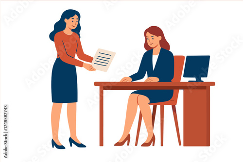 Two businesswomen exchanging documents at modern office desk with computer