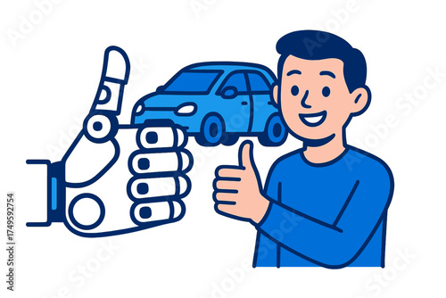 Robot hand presenting automobile to satisfied customer giving thumbs up