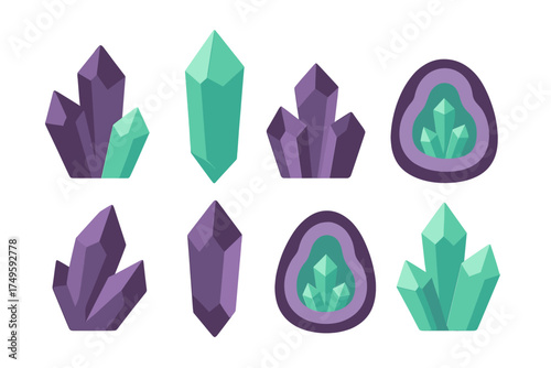 Assortment of purple and teal crystal formations and geode icons