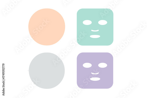 Four cosmetic face mask icons and circular skincare pads