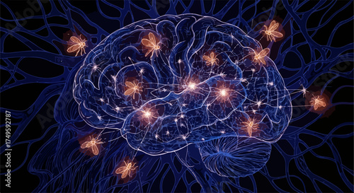Abstract vector illustration of human brain with glowing neural pathways and swarm of bees representing ideas or thoughts.