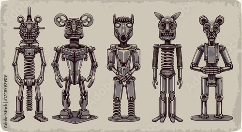 Five steampunk robots in line, built from gears, metal, springs. Each steampunk robots figure features an animal head and industrial details. Concept steampunk robots for tech, science fiction,