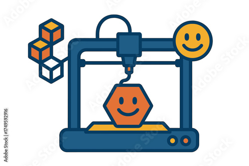3D printer fabricating happy face object with cubic models nearby