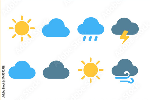 Stylized weather condition icons featuring sun, clouds, rain, storm, and wind