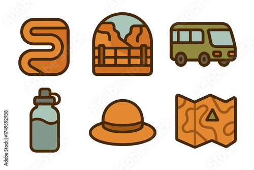 Outdoor adventure and national park travel icons for exploration and journey