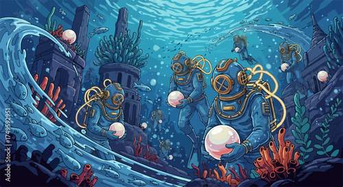 Pixel art illustrates **underwater divers** in vintage suits gathering glowing pearls near ancient ruins. Adventurous **underwater divers** explore vibrant coral and sunken structures.