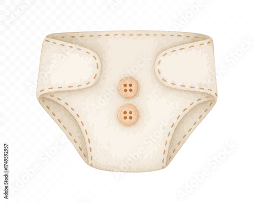 Watercolor cream baby diaper with stitched felt handmade texture, cozy and delicate nursery accessory in neutral tones. Vector illustration.