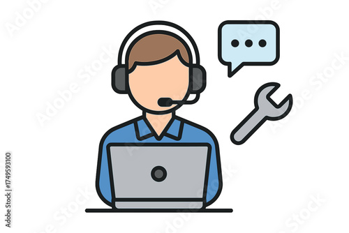 Customer support agent with headset and laptop for technical assistance