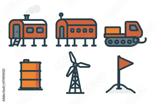 Antarctic research station equipment and supplies icon set