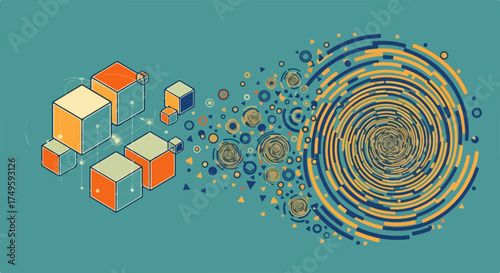 Abstract data transformation illustration showing isometric cubes converting into intricate swirling patterns.