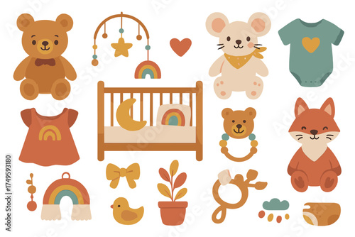 Boho nursery decor set with cute baby toys and stuffed animals