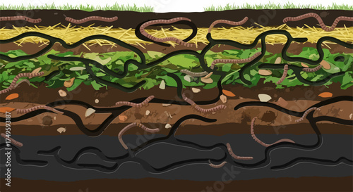 Illustration of earthworm activity, showing soil layers with active worms. Earthworm activity involves wriggly worms moving through organic strata, enhancing fertility.