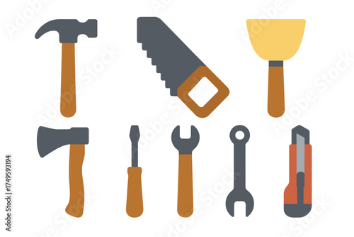 Assortment of carpentry and repair hand tools icons for construction projects