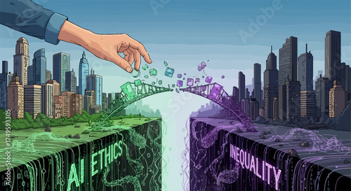 Bridging the gap between AI ethics and inequality with a helping hand, vector illustration for technology and social progress concepts.