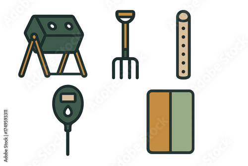 Set of gardening tools and soil testing equipment icons