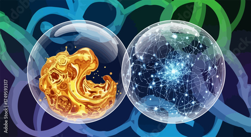 Abstract vector illustration of two spheres, one with liquid gold, the other with digital network, representing transformation and connection.