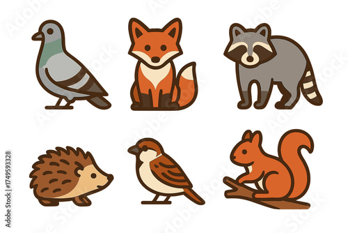 Collection of charming cartoon icons featuring common city and forest animals
