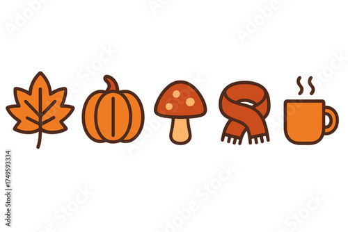 Set of simple autumn icons including leaf, pumpkin, mushroom, scarf, and hot drink