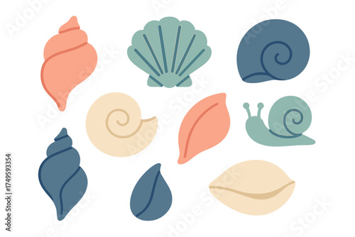 Stylized sea shells and snail icons in soft pastel colors