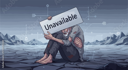 Vector illustration of homeless man holding unavailable sign in desolate landscape, concept of exclusion and lack of resources.