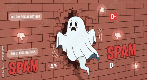 Sad ghost breaking through brick wall with spam and low social ratings, vector illustration for online reputation.