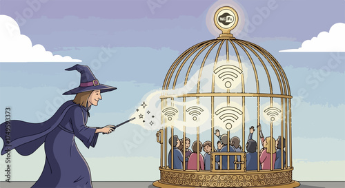 Witch casting spell on people trapped in wifi signal cage, vector illustration. Digital addiction concept, internet dependency, and online world entrapment.