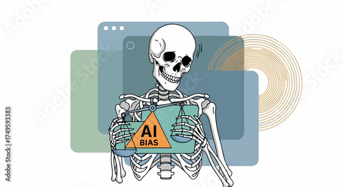 Skeleton holding scales of justice with AI bias symbol, representing algorithmic fairness and data ethics, vector illustration for technology and legal concepts.