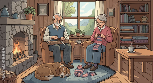 Cozy senior couple enjoying quiet evening by fireplace, vector illustration. Elderly man whittling wood, woman knitting warm scarf, dog resting nearby.