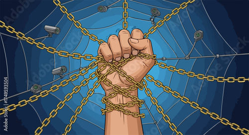 Vector illustration of a fist entangled in chains, symbolizing restriction and surveillance, against a web-like background with security cameras, representing loss of freedom and control,