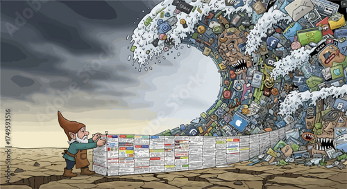 Gnome builds wall against trash wave vector illustration. Environmental protection concept against pollution and waste. Eco awareness for future.