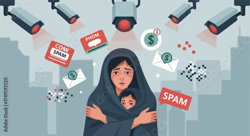 Surveillance concept vector illustration with worried mother and child under watchful security cameras and digital spam.