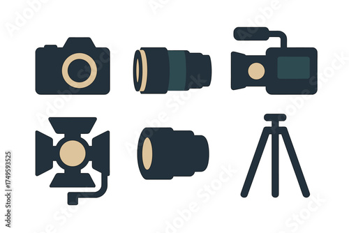 Collection of photography and videography equipment icons including camera, lenses, light, and tripod