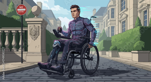 Futuristic man in advanced wheelchair on cobblestone street, vector illustration. Technology enhances mobility for disabled person, representing accessibility and innovation.