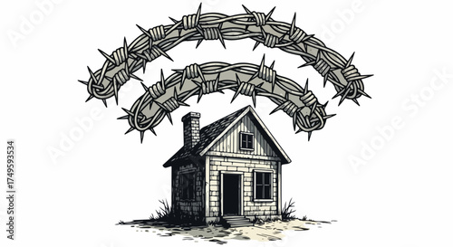Barbed wire wifi signal over small house, vector illustration of restricted connectivity concept. for branding, packaging, banner, poster, website header, and social media design use