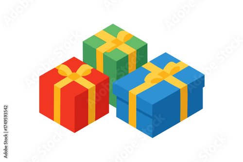 Isometric colorful gift boxes with yellow ribbons and decorative bows