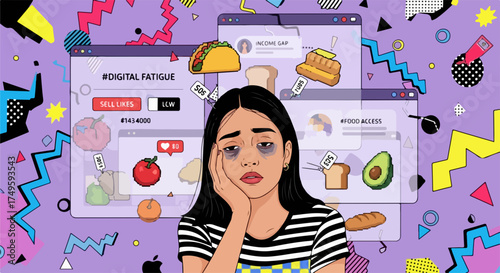 Digital fatigue vector illustration of exhausted young woman surrounded by online food ordering apps and social media notifications. Concept of digital overload and unhealthy online habits.