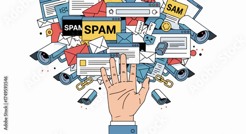 Spam email concept vector illustration with hand blocking incoming messages and surveillance cameras monitoring online activity. Digital security and privacy protection theme for web.
