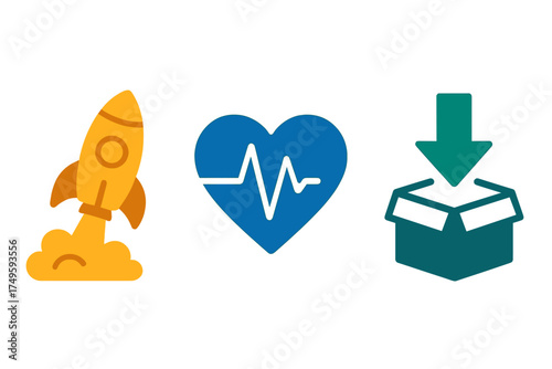 Set of icons for rocket launch, vital signs monitoring, and package delivery