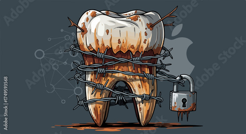 Vector illustration of unhealthy tooth trapped by barbed wire and padlock, symbolizing dental decay and protection concepts.