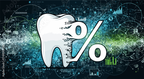 Digital tooth with percentage symbol vector illustration for dental technology and healthcare concepts. for branding, packaging, banner, poster, website header, and social media design use