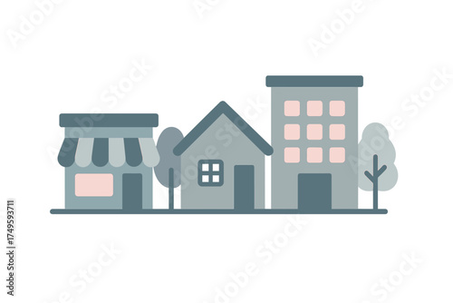Row of urban buildings including shop house and apartment block