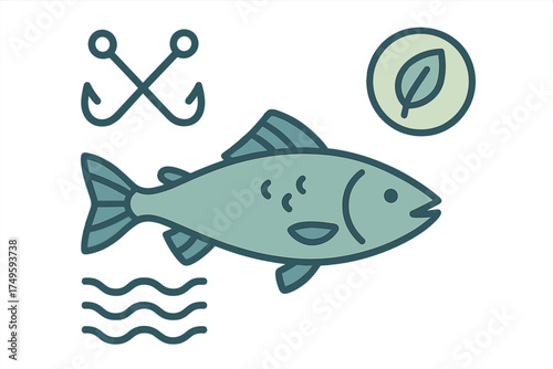 Set of simple icons for fishing hooks, aquatic life, and organic food concepts